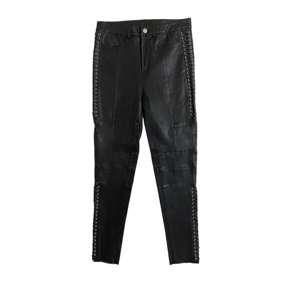 Leather Pants Lace Up Biker 100% Real Lamb Skinny Trousers...